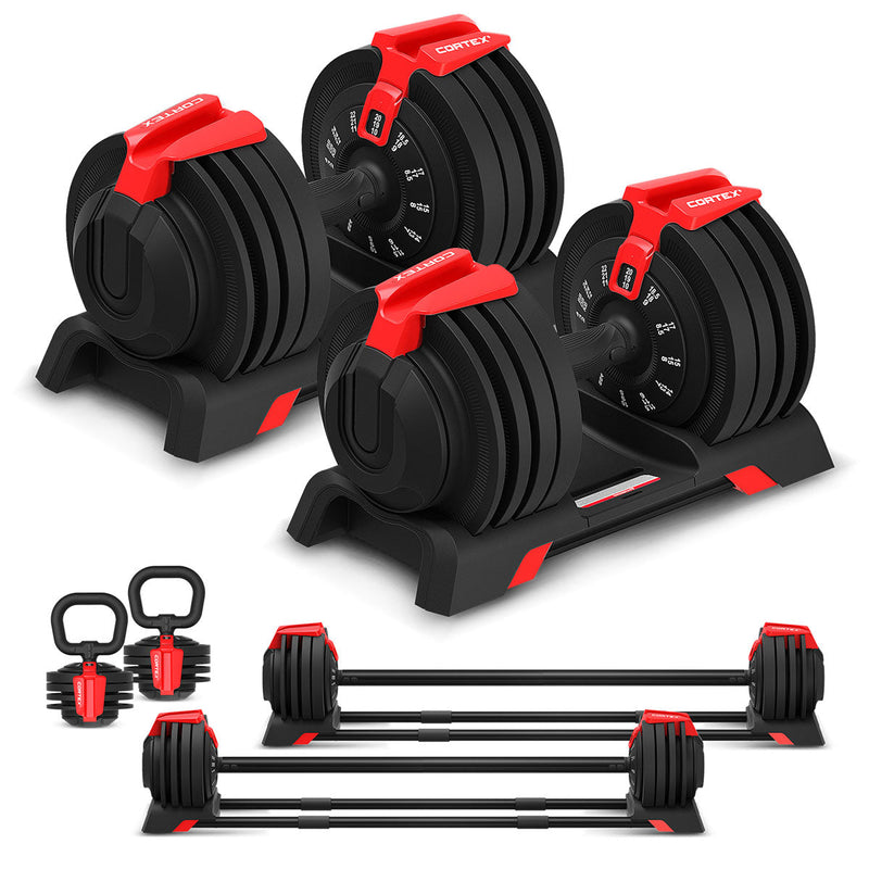 CORTEX Revolock V2 48kg Adjustable Dumbbell + Barbell + Kettlebell All-in-One Set with Stand (24kg Pair)