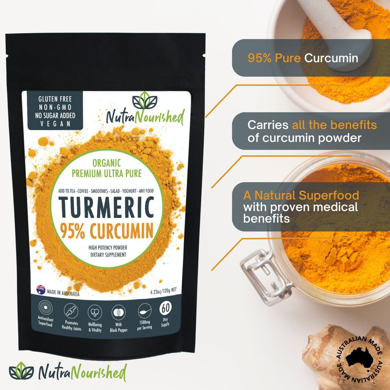 Pure Organic 95% Curcumin Powder (120g/2 months supply) - 1500mg of Turmeric Extract Buffered with Black Pepper