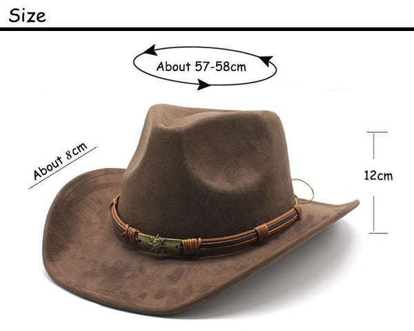 Khaki Unisex Faux Suede Western Cowboy Hat - Wide Brim Vintage Fedora for Outdoor Travel,M(57-58cm)