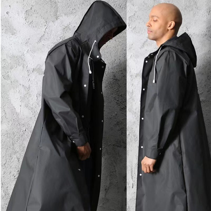 Stylish Black Trench Raincoat - Extra Long, Hooded, for Hiking & Fishing