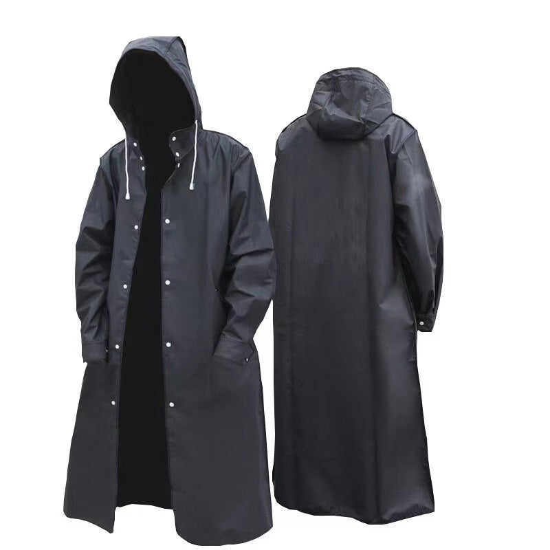 Stylish Black Trench Raincoat - Extra Long, Hooded, for Hiking & Fishing