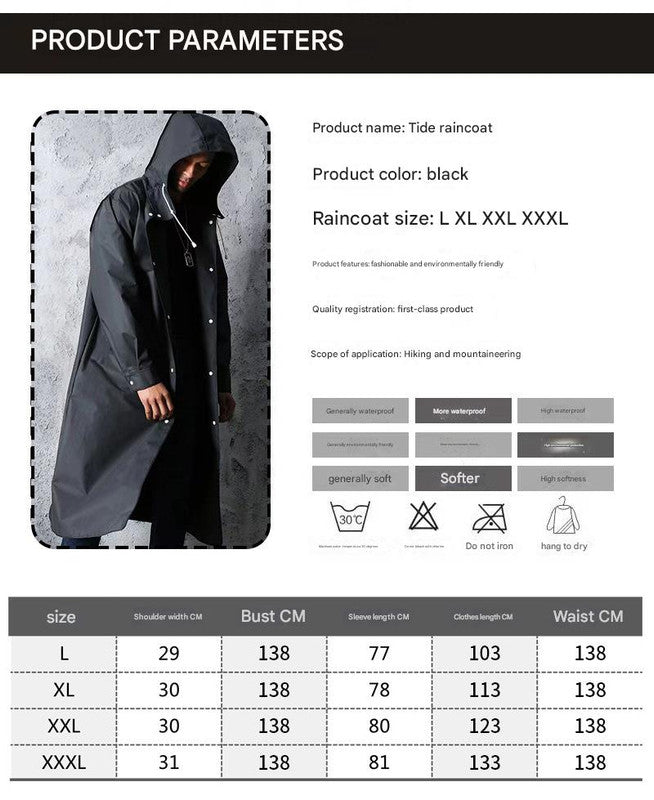 Stylish Black Trench Raincoat - Extra Long, Hooded, for Hiking & Fishing