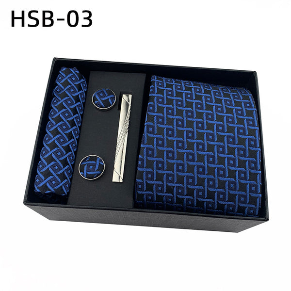 Men's Luxury Necktie Gift Set - 4 Piece Set with Tie, Pocket Square, Cufflinks & Tie Clip(Dark blue plaid)
